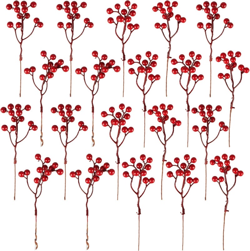Fangoo 20 Pack 7 Inch Artificial Red Berry Picks for Christmas Tree Burgundy Red Berries Stems Holly Berry Branches Ornaments Wreath Crafts Wedding Holiday Season Winter Home Decor - Image 1